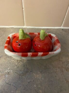 Pier One Ceramic Red Cherries  Salt and Pepper Shakers with Tray